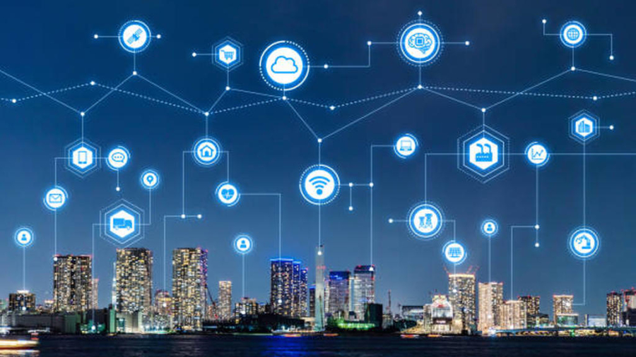 Prédios conectados por energia smart grid sendo ilustrada com pontos de conexão e energia num plano azul